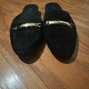 Michael Kors Black Suede Mules with Gold Accent